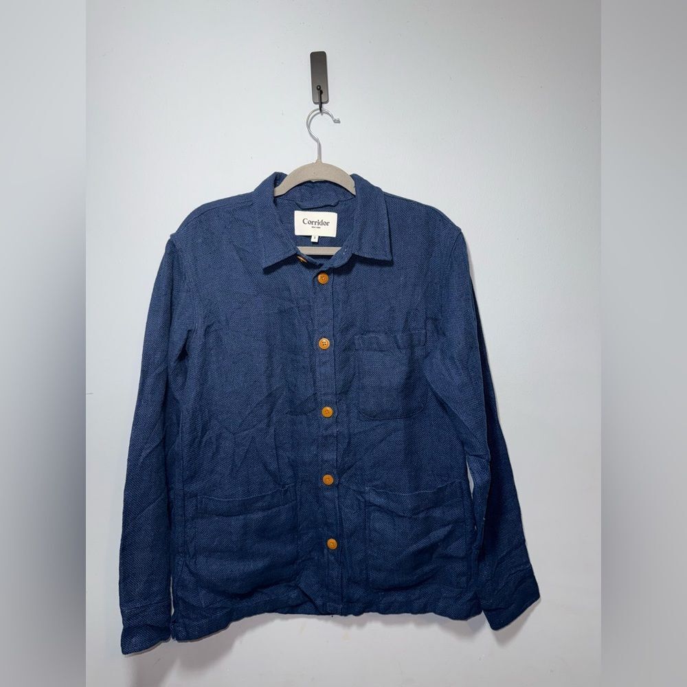 Corridor Seersucker mens Navy linen Button Down overshirt chore jacket S EUC